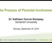 Panel Presentation 1: The Process of Parental InvolvementnDr. Kathleen Hoover-Dempsey, Vanderbilt University nnSession 2: Researching Salient Pathways and Contexts for Family-School Partnerships nGoal: To identify potential process and contextual variables by which family-school partnerships operate to create important child outcomes.nnPurpose of the Working MeetingnnThis working meeting is intended to launch numerous important and meaningful collaborative activities to advance the scientific fo