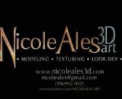 Modeling/ Texturing/ Look Dev Demo Reel nNicole Alesn2018nnWebsite: http://www.nicoleales3d.com (under construction)nartstation: http://www.artstation.com/nicoleales-artnEmail: nicoleales@gmail.comnnHighlighting my creature work from my Demo Reel coming out of the Gnomon 2 year program (modeling and texturing). Graduated June 24, 2018.nnPrograms used: Maya 2016-2018, Vray Render, Zbrush, Mari, Substance Painted, Mudbox (displacement), Nuke, Aftereffects, Photoshop, X-Gen Interactive Groom &amp;