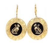 https://www.ross-simons.com/978852.htmlnnAn RS exclusive. This pair of statement earrings lets you integrate some the intricate, artful details of Egyptian culture into your personal style. Each of the medallion drops features regal cats on 16mm round black onyx cabochon backdrops, with a hieroglyphic motif embellishing the 18kt yellow gold over sterling silver frames. Hanging length is 1 3/4. Leverback, black onyx cat hieroglyphic medallion drop earrings.