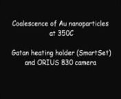 Coalescence of Nanoparticles: Gold nanoparticles on carbon film (Gatan ORIUS® 830 camera and 628 heating holder with SmartSet™ Model 901 temperature controller on Tecnai 20). Movie was captured by Gatan In situ Video Software. Courtesy of Litao Sun, Southeast University, Nanjing, China.