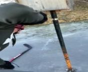 Boy with hockey stick gets his tongue stuck on pole on icy surface from penis stuck in pussy