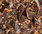 Inspired by a traditional English Toffee, matzo is coated in a caramel-y, crunchy toffee then covered in melted chocolate and sprinkled with chopped walnuts.