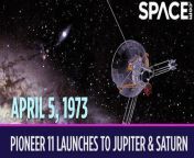 On April 5, 1973, NASA launched the Pioneer 11 mission into the outer solar system. &#60;br/&#62;&#60;br/&#62;Pioneer 11 would become the first spacecraft to fly by Saturn, and it flew by Jupiter and the asteroid belt along the way. It launched about a month after its twin, Pioneer 10. Both spacecraft brought along gold plaques with pictures and messages pertaining to Earth, just in case they encountered any extraterrestrials out in space. The plaques include drawings of naked humans and some symbols and diagrams that explain where the spacecraft came from. Seventeen years after it launched, it became the fourth spacecraft to leave planetary part of the solar system when it flew past Neptune. Pioneer 11 is now on its way toward interstellar space.