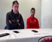 Derry City manager Ruaidhri Higgins and midfielder Will Patching at the press conference ahead of the visit of Shamrock Rovers to Brandywell.