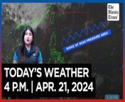 Today&#39;s Weather, 4 P.M. &#124; Apr. 21, 2024&#60;br/&#62;&#60;br/&#62;Video Courtesy of DOST-PAGASA&#60;br/&#62;&#60;br/&#62;Subscribe to The Manila Times Channel - https://tmt.ph/YTSubscribe &#60;br/&#62;&#60;br/&#62;Visit our website at https://www.manilatimes.net &#60;br/&#62;&#60;br/&#62;Follow us: &#60;br/&#62;Facebook - https://tmt.ph/facebook &#60;br/&#62;Instagram - https://tmt.ph/instagram &#60;br/&#62;Twitter - https://tmt.ph/twitter &#60;br/&#62;DailyMotion - https://tmt.ph/dailymotion &#60;br/&#62;&#60;br/&#62;Subscribe to our Digital Edition - https://tmt.ph/digital &#60;br/&#62;&#60;br/&#62;Check out our Podcasts: &#60;br/&#62;Spotify - https://tmt.ph/spotify &#60;br/&#62;Apple Podcasts - https://tmt.ph/applepodcasts &#60;br/&#62;Amazon Music - https://tmt.ph/amazonmusic &#60;br/&#62;Deezer: https://tmt.ph/deezer &#60;br/&#62;Tune In: https://tmt.ph/tunein&#60;br/&#62;&#60;br/&#62;#TheManilaTimes&#60;br/&#62;#WeatherUpdateToday &#60;br/&#62;#WeatherForecast