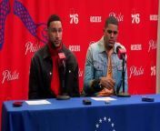 Ben Simmons and Tobias Harris speak to the media after win over Nets.