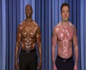 Jimmy Fallon and Terry Crews put their pecs to work while singing a shirtless duet of the Paul McCartney and Stevie Wonder hit &#92;