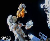 During a spacewalk outside the International Space Station, Russian cosmonaut Sergey Prokopyev jettisoned a 5-kilogram bundle of obsolete hardware into the vacuum of space.&#60;br/&#62;&#60;br/&#62;Credit: NASA &#124; mash mix by Space.com&#39;s Steve Spaleta
