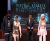 Jimmy and Dove Cameron face off against Scarlett Johansson and Michael Che in a virtual reality version of Pictionary.