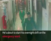CCTV footage from inside the Aleppo hospital that was bombed this week. It shows the last paediatrician to stay in the war-torn city, Dr. Muhammad Maaz, just moments before the fatal attack.