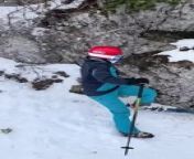 This person decided to ski down a tight space but it did not go as planned. As they made a turn, they went off the course, tumbling and falling on the snow.